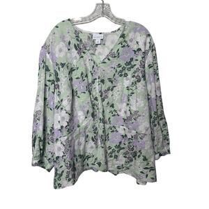 Liz‎ Claiborne 3X Green Floral Button Front Blouse Long Sleeve Cotton Blend